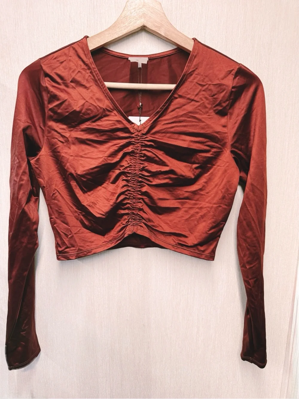 NWOT CALIA Long Sleeve Ruched Swim Rashguard Red Brown Shine UPF 50+, Size Small
